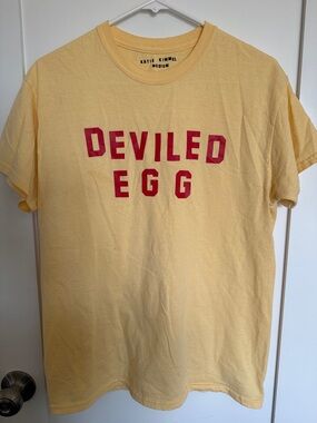 Katie Kimmel Yellow Tee with Red "Deviled Egg" Graphic